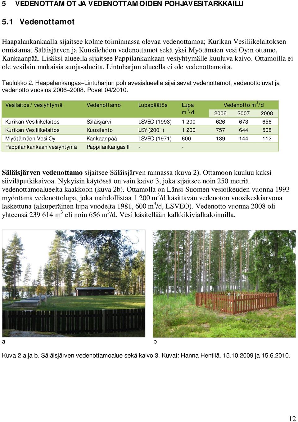 Kankaanpää. Lisäksi alueella sijaitsee Pappilankankaan vesiyhtymälle kuuluva kaivo. Ottamoilla ei ole vesilain mukaisia suoja-alueita. Lintuharjun alueella ei ole vedenottamoita. Taulukko 2.