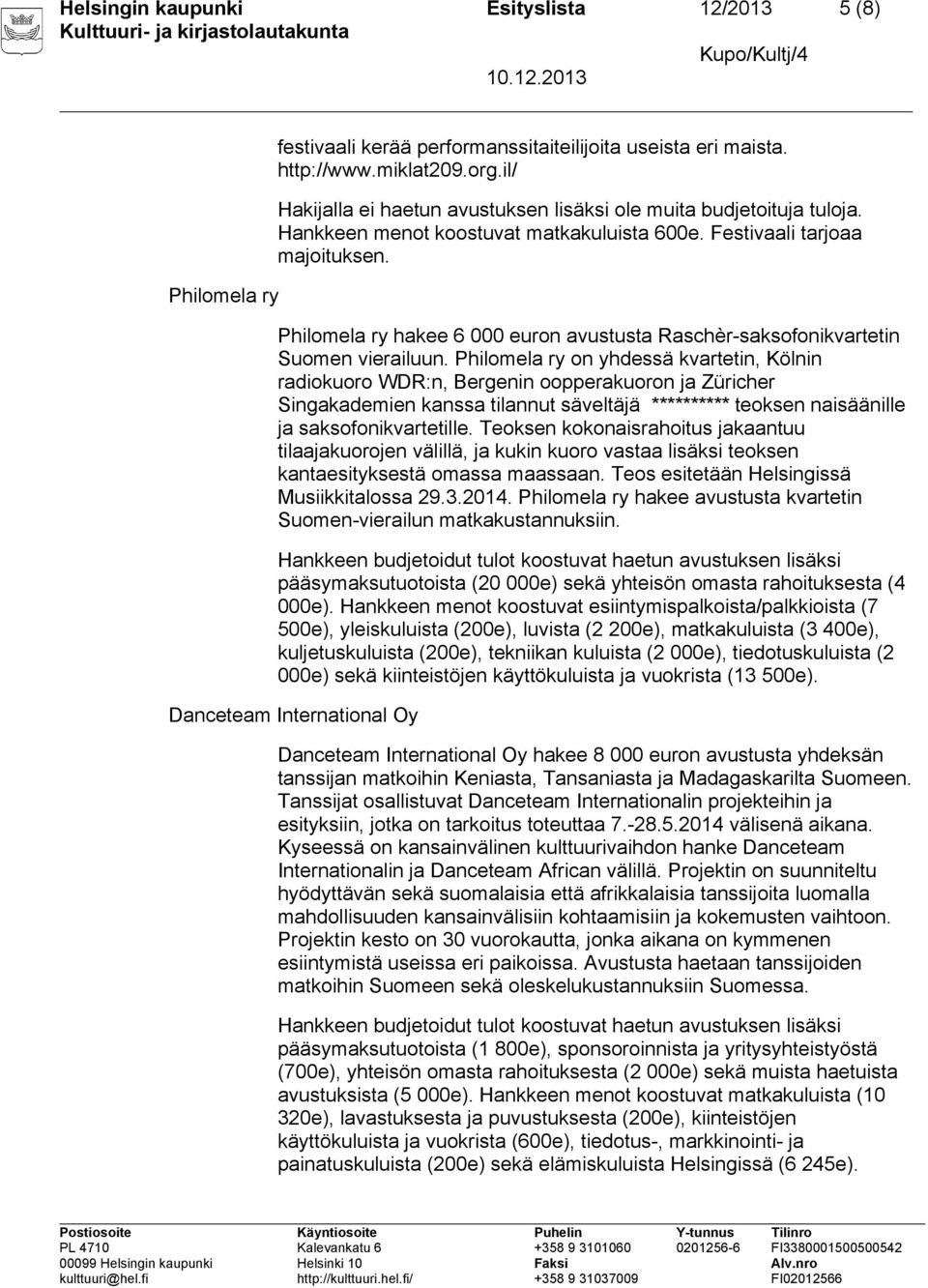 Philomela ry hakee 6 000 euron avustusta Raschèr-saksofonikvartetin Suomen vierailuun.