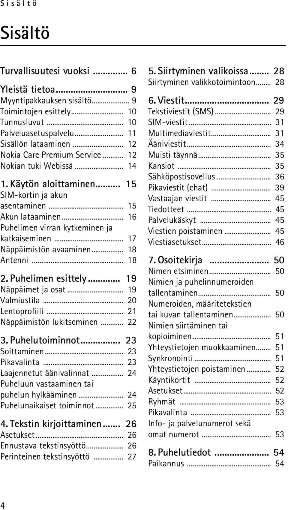 .. 17 Näppäimistön avaaminen... 18 Antenni... 18 2. Puhelimen esittely... 19 Näppäimet ja osat... 19 Valmiustila... 20 Lentoprofiili... 21 Näppäimistön lukitseminen... 22 3. Puhelutoiminnot.