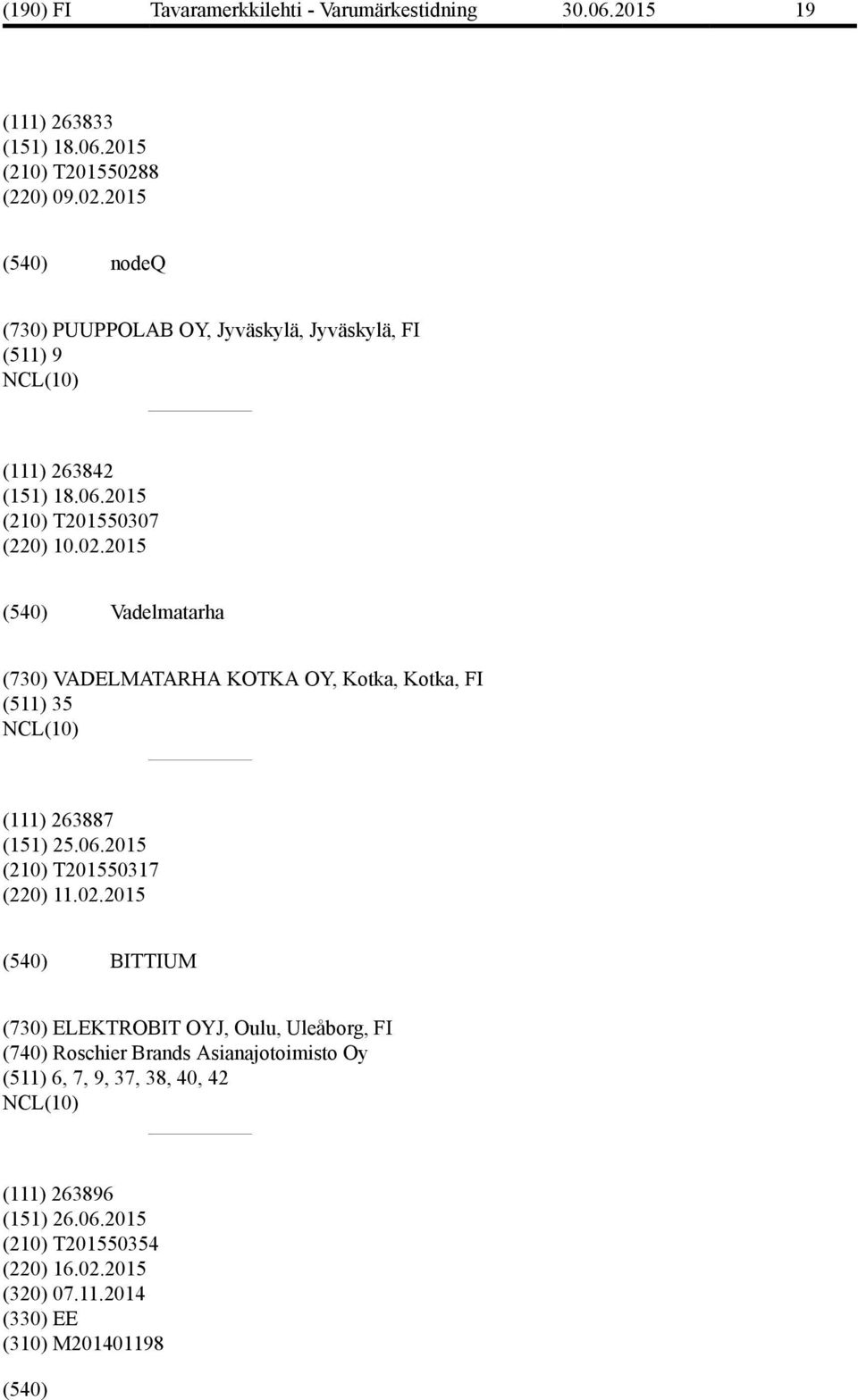 02.2015 BITTIUM (730) ELEKTROBIT OYJ, Oulu, Uleåborg, FI (740) Roschier Brands Asianajotoimisto Oy (511) 6, 7, 9, 37, 38, 40, 42 (111)