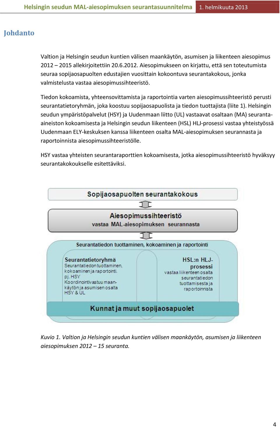 Aiesopimukseen on kirjattu, että sen toteutumista seuraa sopijaosapuolten edustajien vuosittain kokoontuva seurantakokous, jonka valmistelusta vastaa aiesopimussihteeristö.