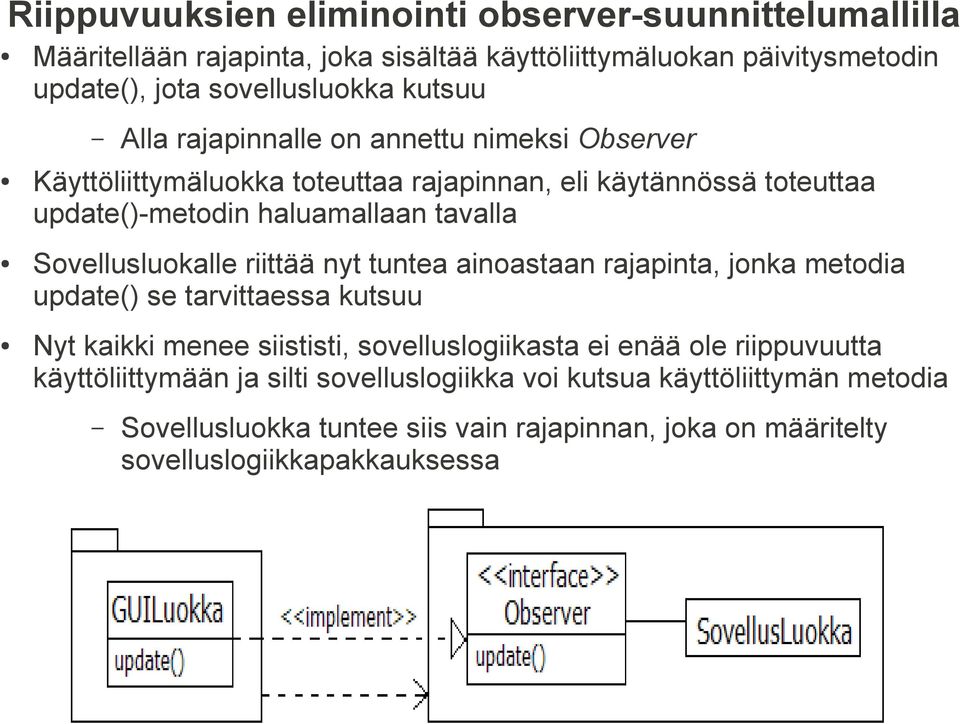 Sovellusluokalle riittää nyt tuntea ainoastaan rajapinta, jonka metodia update() se tarvittaessa kutsuu Nyt kaikki menee siististi, sovelluslogiikasta ei enää ole