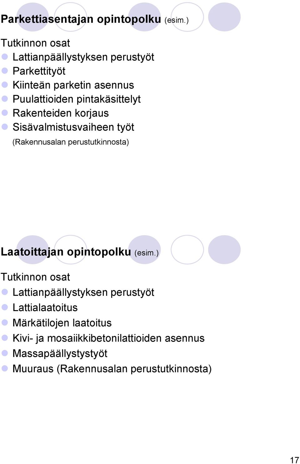 pintakäsittelyt Rakenteiden korjaus Sisävalmistusvaiheen työt (Rakennusalan perustutkinnosta) Laatoittajan