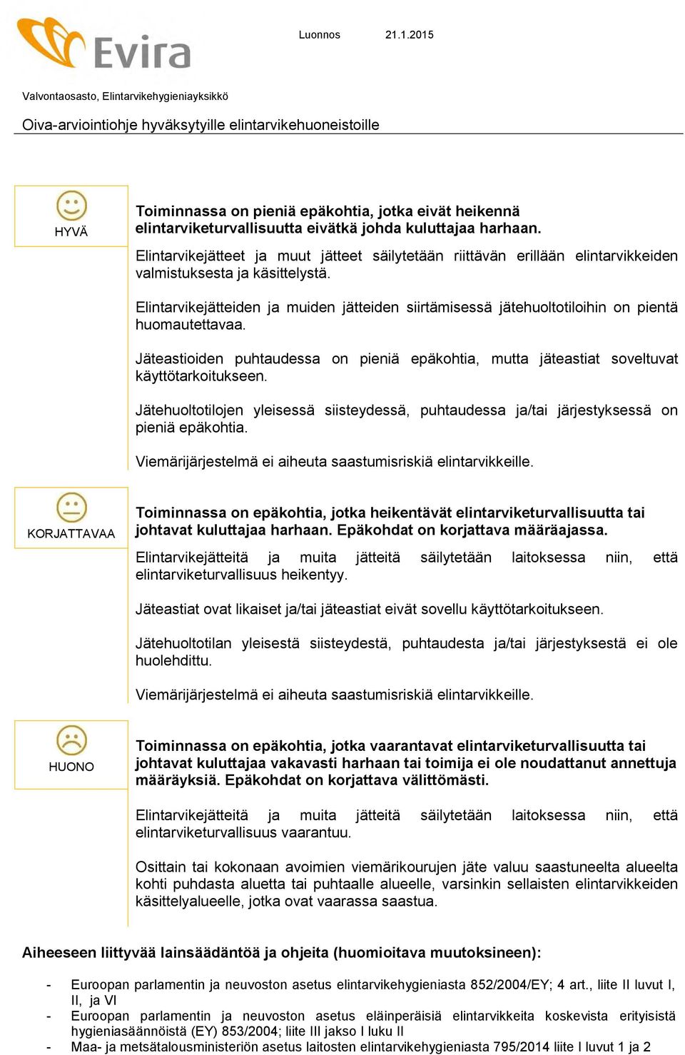 Elintarvikejätteiden ja muiden jätteiden siirtämisessä jätehuoltotiloihin on pientä huomautettavaa. Jäteastioiden puhtaudessa on pieniä epäkohtia, mutta jäteastiat soveltuvat käyttötarkoitukseen.