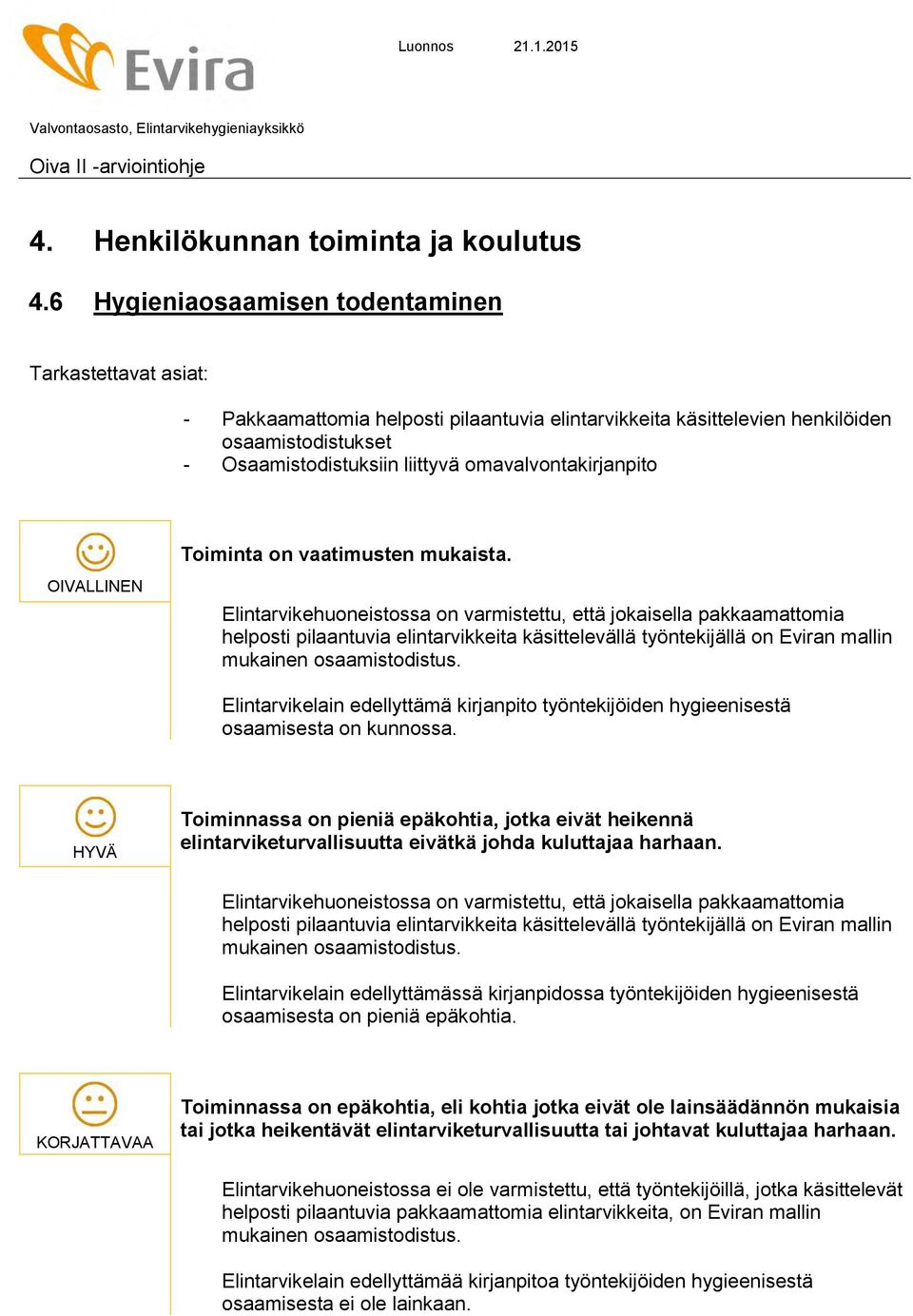 omavalvontakirjanpito OIVALLINEN Toiminta on vaatimusten mukaista.