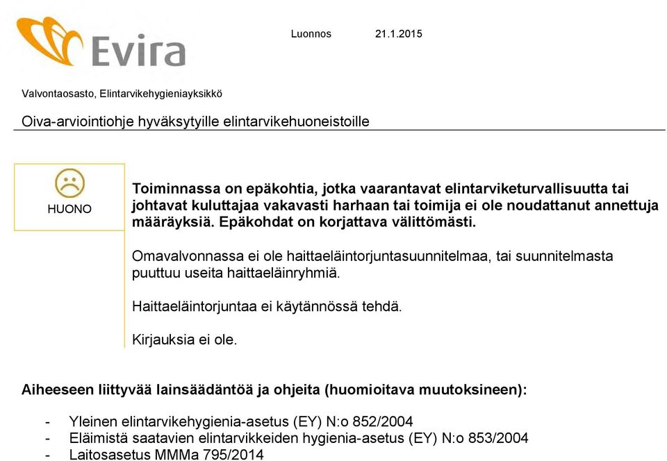 Omavalvonnassa ei ole haittaeläintorjuntasuunnitelmaa, tai suunnitelmasta puuttuu useita haittaeläinryhmiä. Haittaeläintorjuntaa ei käytännössä tehdä.