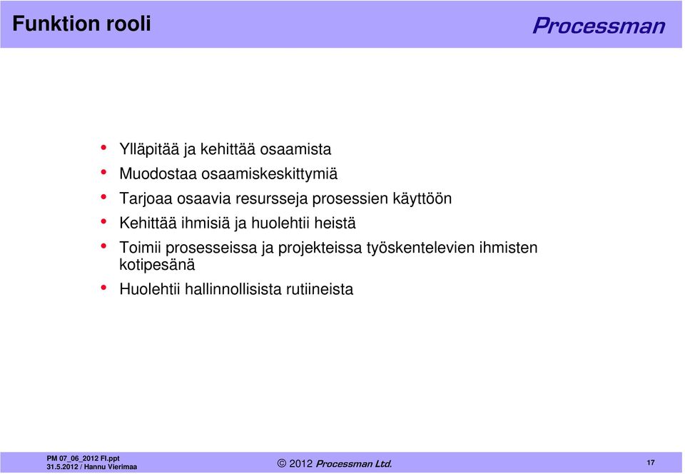 Kehittää ihmisiä ja huolehtii heistä Toimii prosesseissa ja