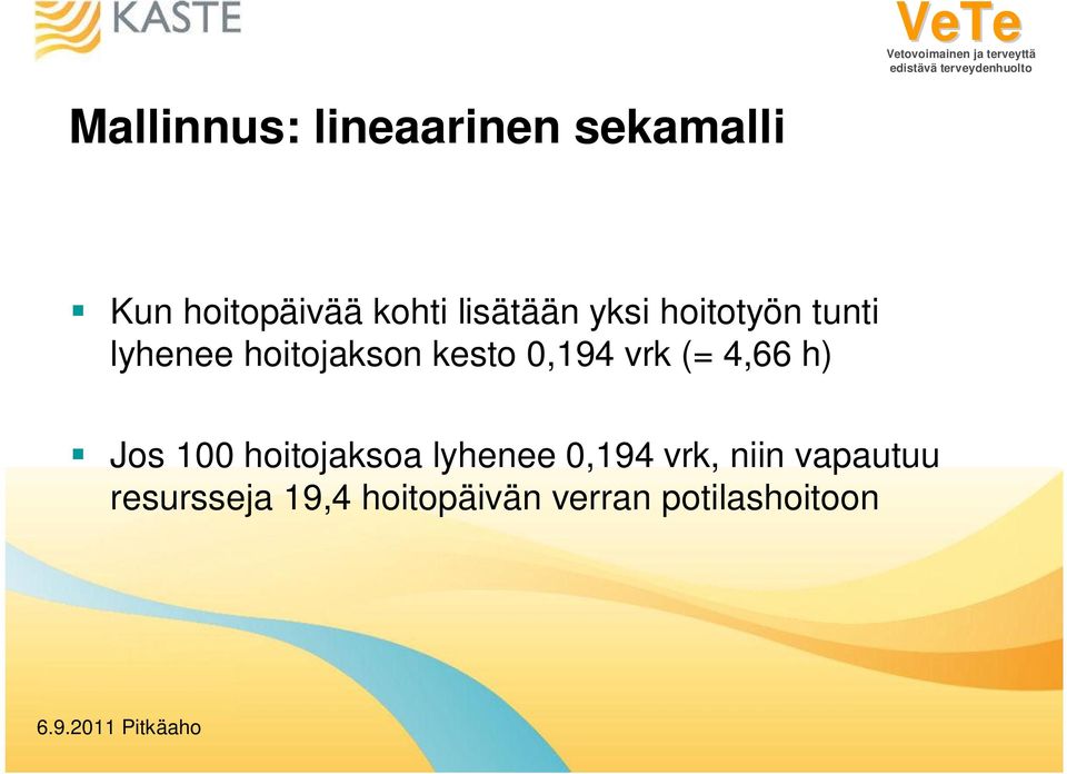 0,194 vrk (= 4,66 h) Jos 100 hoitojaksoa lyhenee 0,194