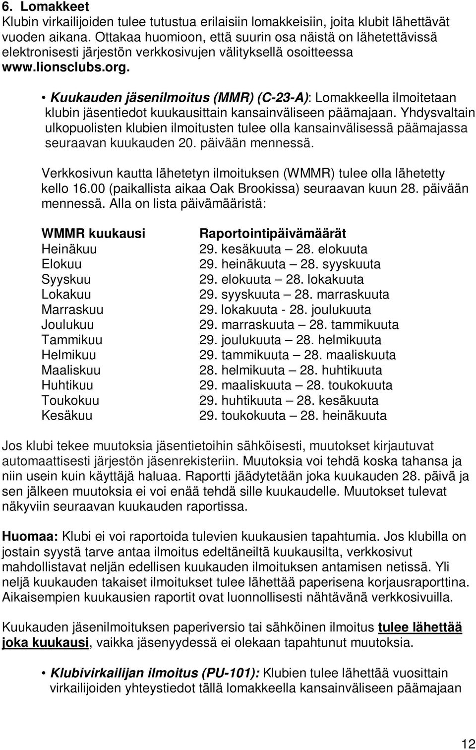 Kuukauden jäsenilmoitus (MMR) (C-23-A): Lomakkeella ilmoitetaan klubin jäsentiedot kuukausittain kansainväliseen päämajaan.