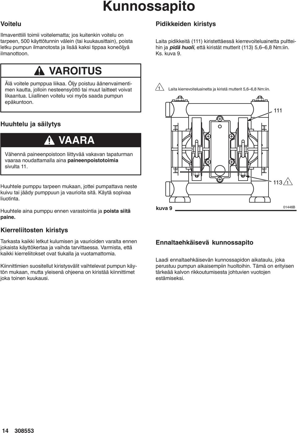 VAROITUS Älä voitele pumppua liikaa. Öljy poistuu äänenvaimentimen kautta, jolloin nesteensyöttö tai muut laitteet voivat likaantua. Liiallinen voitelu voi myös saada pumpun epäkuntoon.