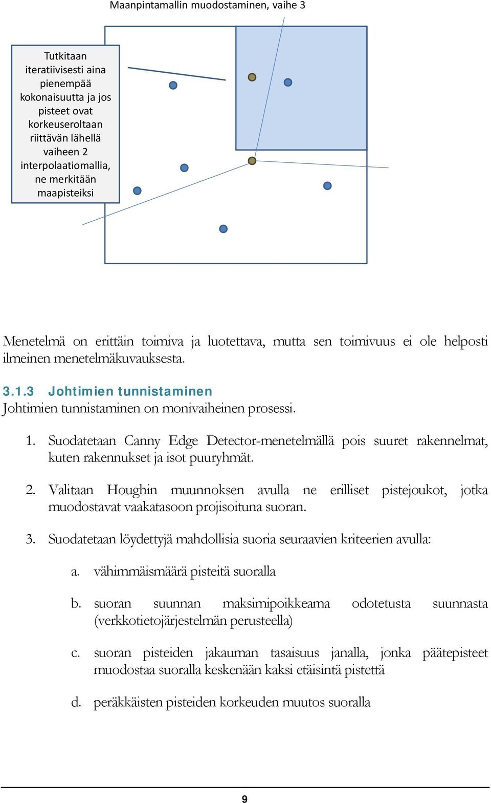 3 Johtimien tunnistaminen Johtimien tunnistaminen on monivaiheinen prosessi. 1. Suodatetaan Canny Edge Detector-menetelmällä pois suuret rakennelmat, kuten rakennukset ja isot puuryhmät. 2.