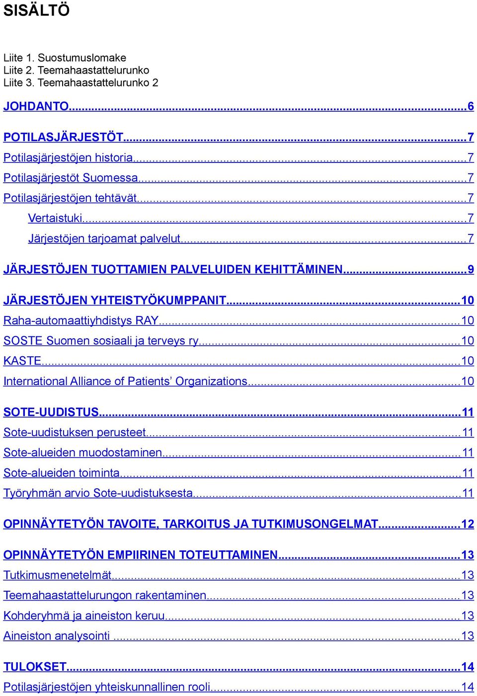 .. 10 Raha-automaattiyhdistys RAY... 10 SOSTE Suomen sosiaali ja terveys ry...10 KASTE...10 International Alliance of Patients Organizations...10 SOTE-UUDISTUS...11 Sote-uudistuksen perusteet.