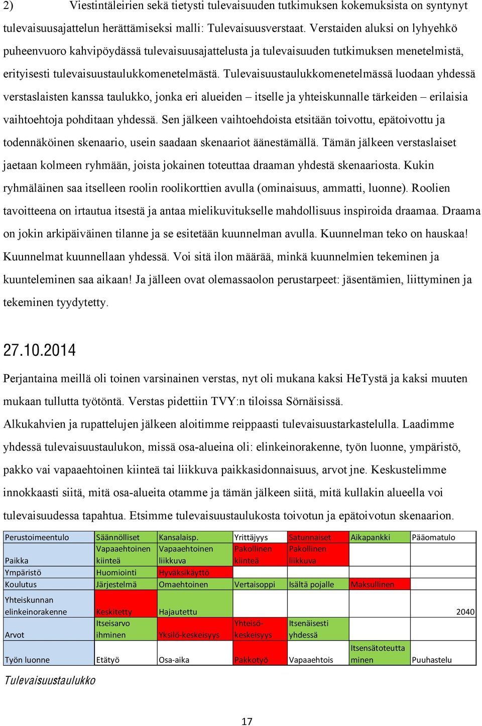 Tulevaisuustaulukkomenetelmässä luodaan yhdessä verstaslaisten kanssa taulukko, jonka eri alueiden itselle ja yhteiskunnalle tärkeiden erilaisia vaihtoehtoja pohditaan yhdessä.