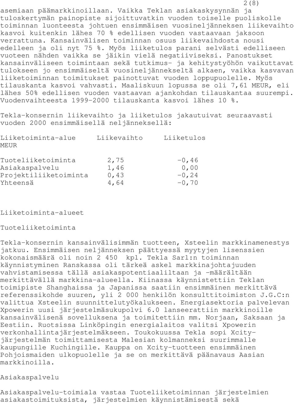 edellisen vuoden vastaavaan jaksoon verrattuna. Kansainvälisen toiminnan osuus liikevaihdosta nousi edelleen ja oli nyt 75 %.