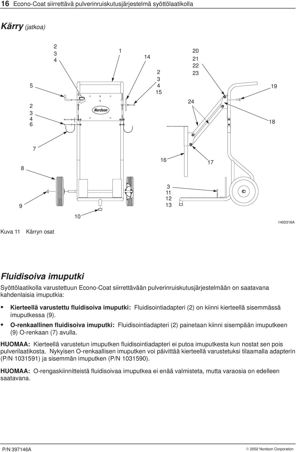O-renkaallinen fluidisoiva imuputki: Fluidisointiadapteri () painetaan kiinni sisempään imuputkeen (9) O-renkaan (7) avulla.