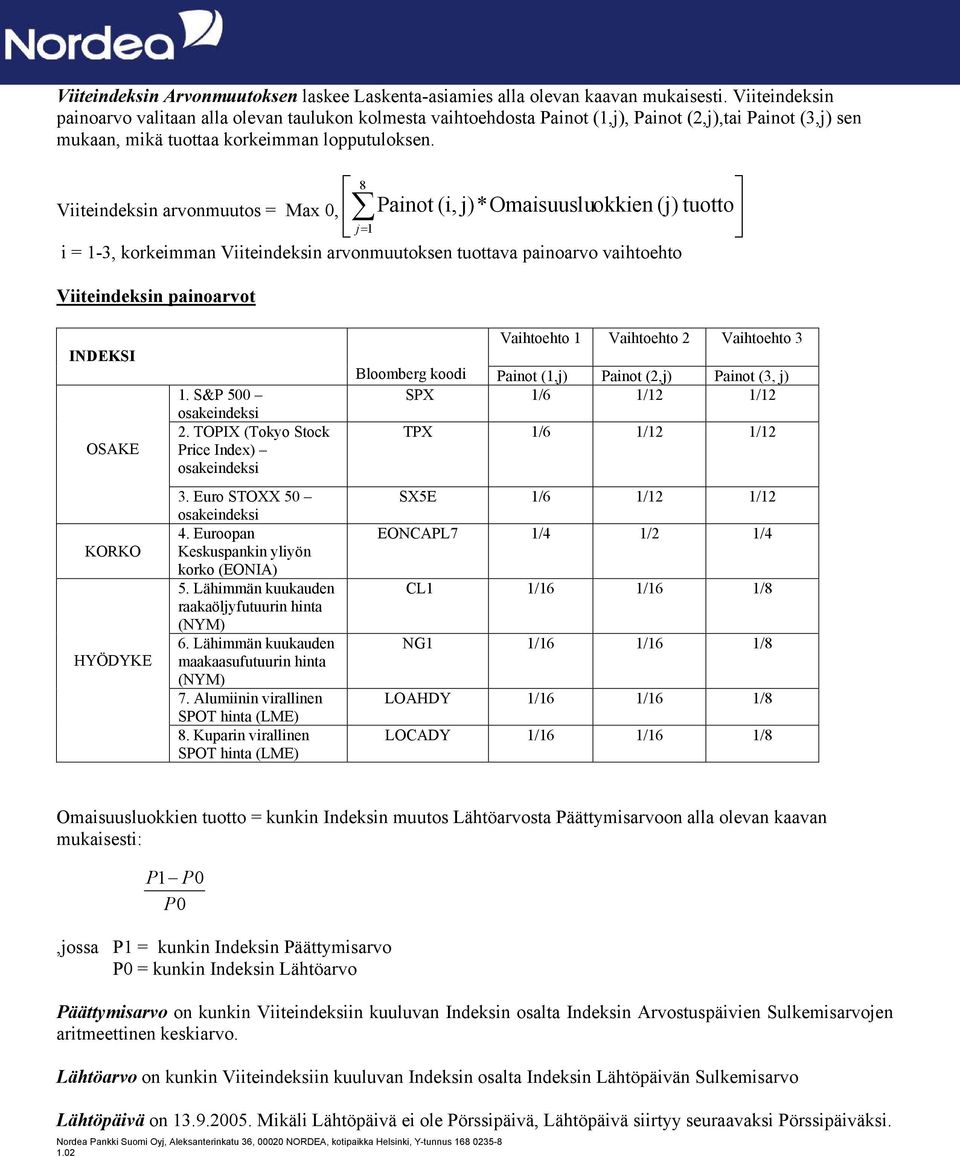 Viiteindeksin arvonmuutos = Max 0, 8 j= 1 Painot (i, j)*omaisuusluokkien (j) tuotto i = 1-3, korkeimman Viiteindeksin arvonmuutoksen tuottava painoarvo vaihtoehto Viiteindeksin painoarvot INDEKSI