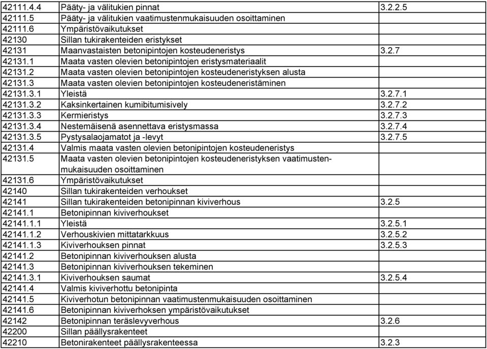 2 Maata vasten olevien betonipintojen kosteudeneristyksen alusta 42131.3 Maata vasten olevien betonipintojen kosteudeneristäminen 42131.3.1 Yleistä 3.2.7.1 42131.3.2 Kaksinkertainen kumibitumisively 3.