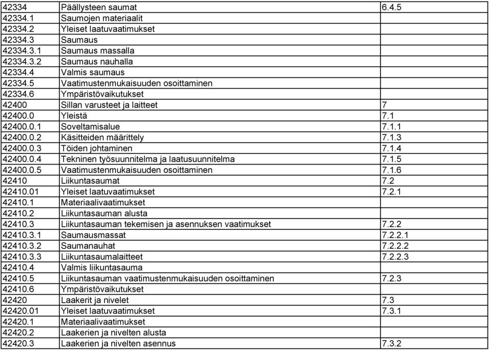 0.3 Töiden johtaminen 7.1.4 42400.0.4 Tekninen työsuunnitelma ja laatusuunnitelma 7.1.5 42400.0.5 Vaatimustenmukaisuuden osoittaminen 7.1.6 42410 Liikuntasaumat 7.2 42410.