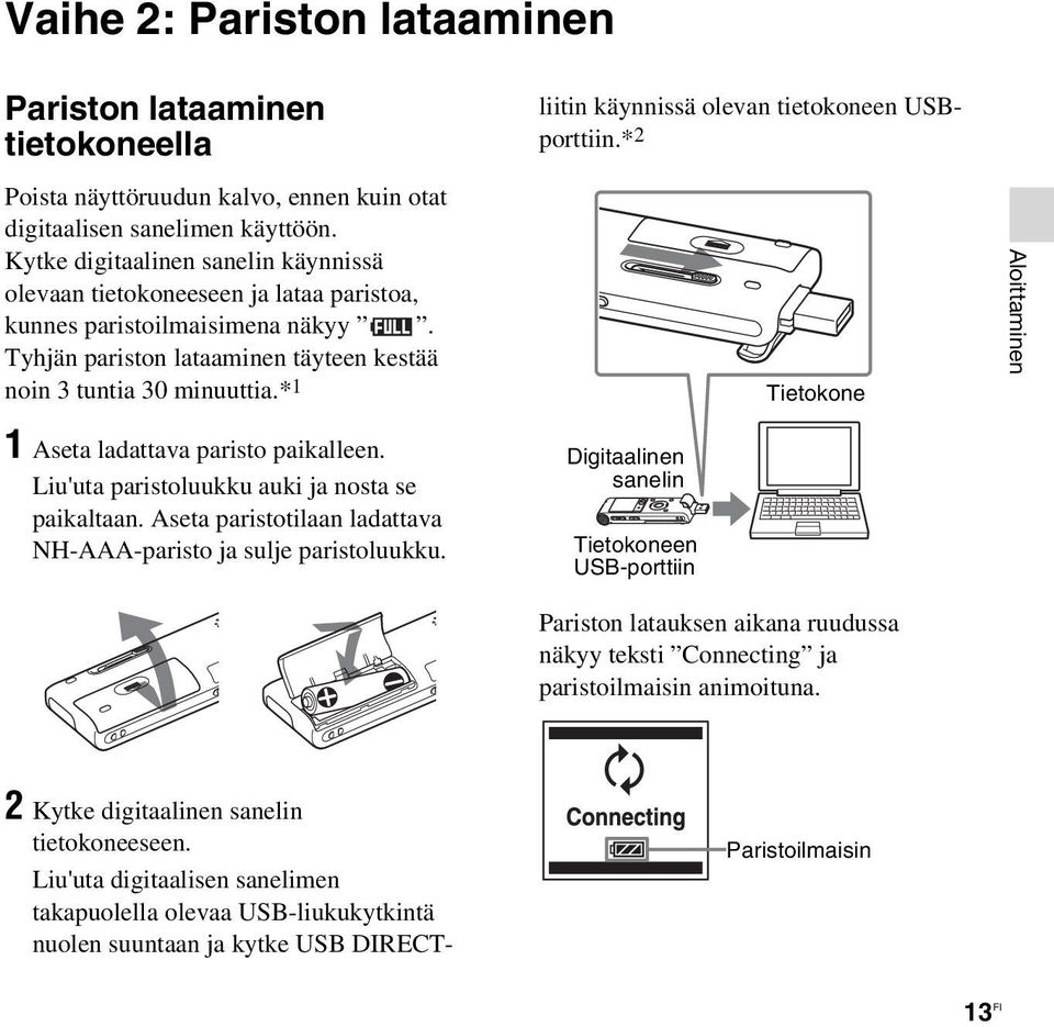 * 1 2 Kytke digitaalinen sanelin tietokoneeseen.