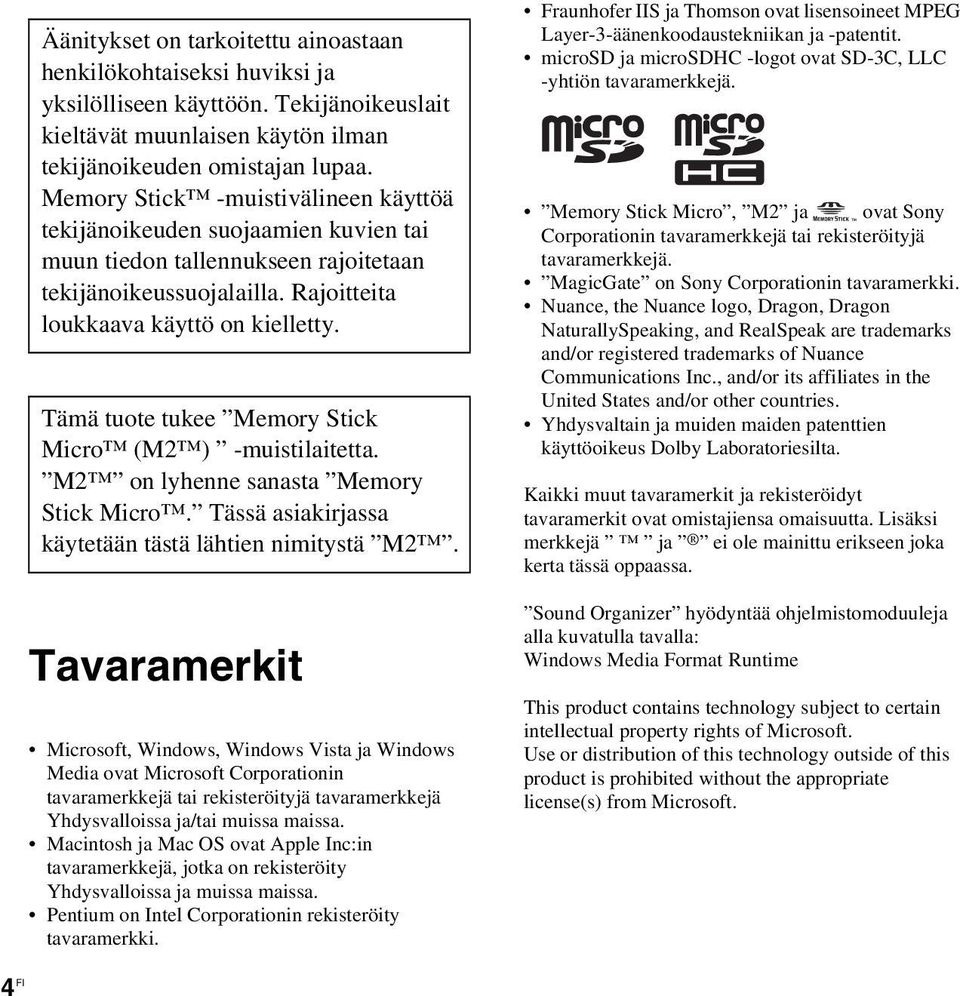 Tämä tuote tukee Memory Stick Micro (M2 ) -muistilaitetta. M2 on lyhenne sanasta Memory Stick Micro. Tässä asiakirjassa käytetään tästä lähtien nimitystä M2.