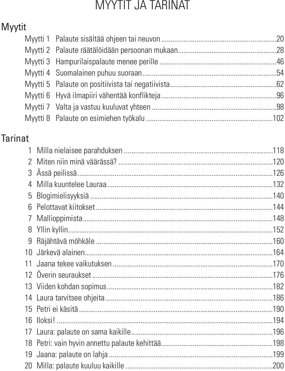 ..98 Myytti 8 Palaute on esimiehen työkalu...102 Tarinat 1 Milla nielaisee parahduksen...118 2 Miten niin minä väärässä?...120 3 Ässä peilissä...126 4 Milla kuuntelee Lauraa...132 5 Blogimielisyyksiä.