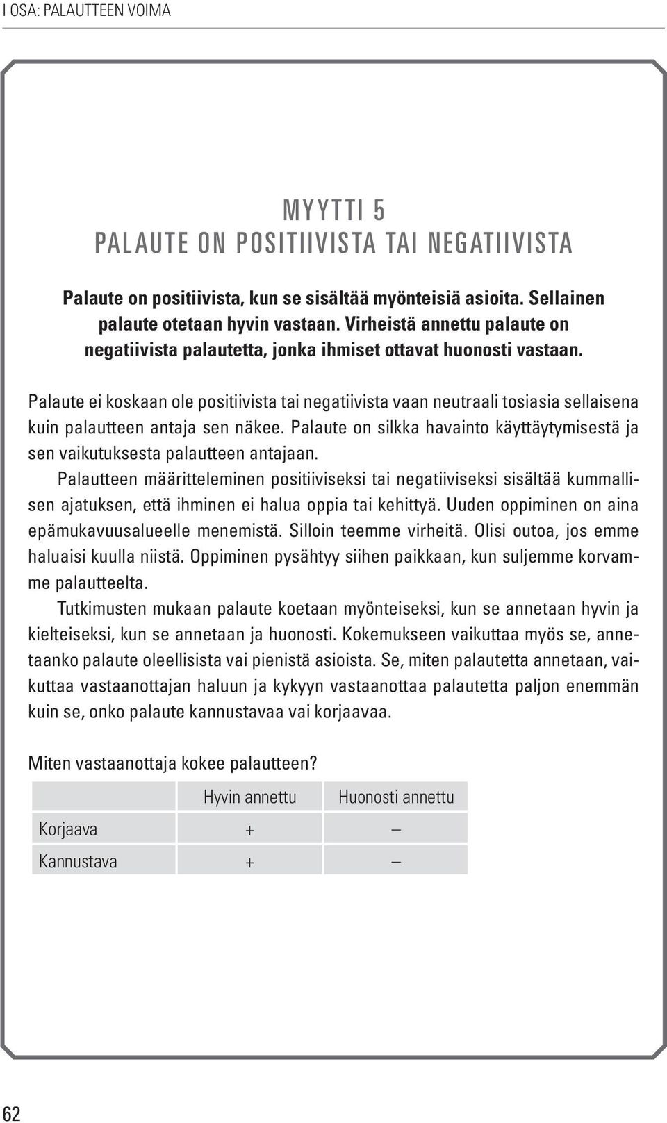 Palaute ei koskaan ole positiivista tai negatiivista vaan neutraali tosiasia sellaisena kuin palautteen antaja sen näkee.