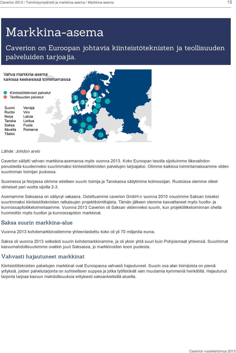 Koko Euroopan tasolla sijoituimme liikevaihdon perusteella kuudenneksi suurimmaksi kiinteistöteknisten palvelujen tarjoajaksi. Olimme kaikissa toimintamaissamme viiden suurimman toimijan joukossa.