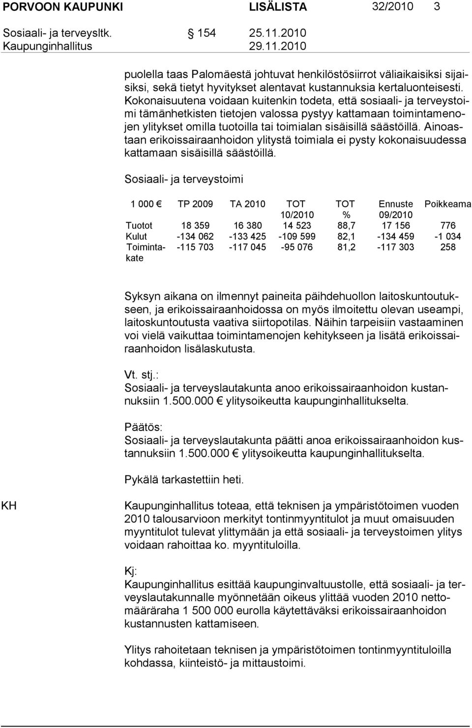 Kokonaisuutena voidaan kuitenkin todeta, että sosiaali- ja terveystoimi tämänhetkisten tieto jen valossa pystyy kattamaan toimintamenojen ylitykset omilla tuo toilla tai toimialan sisäisillä