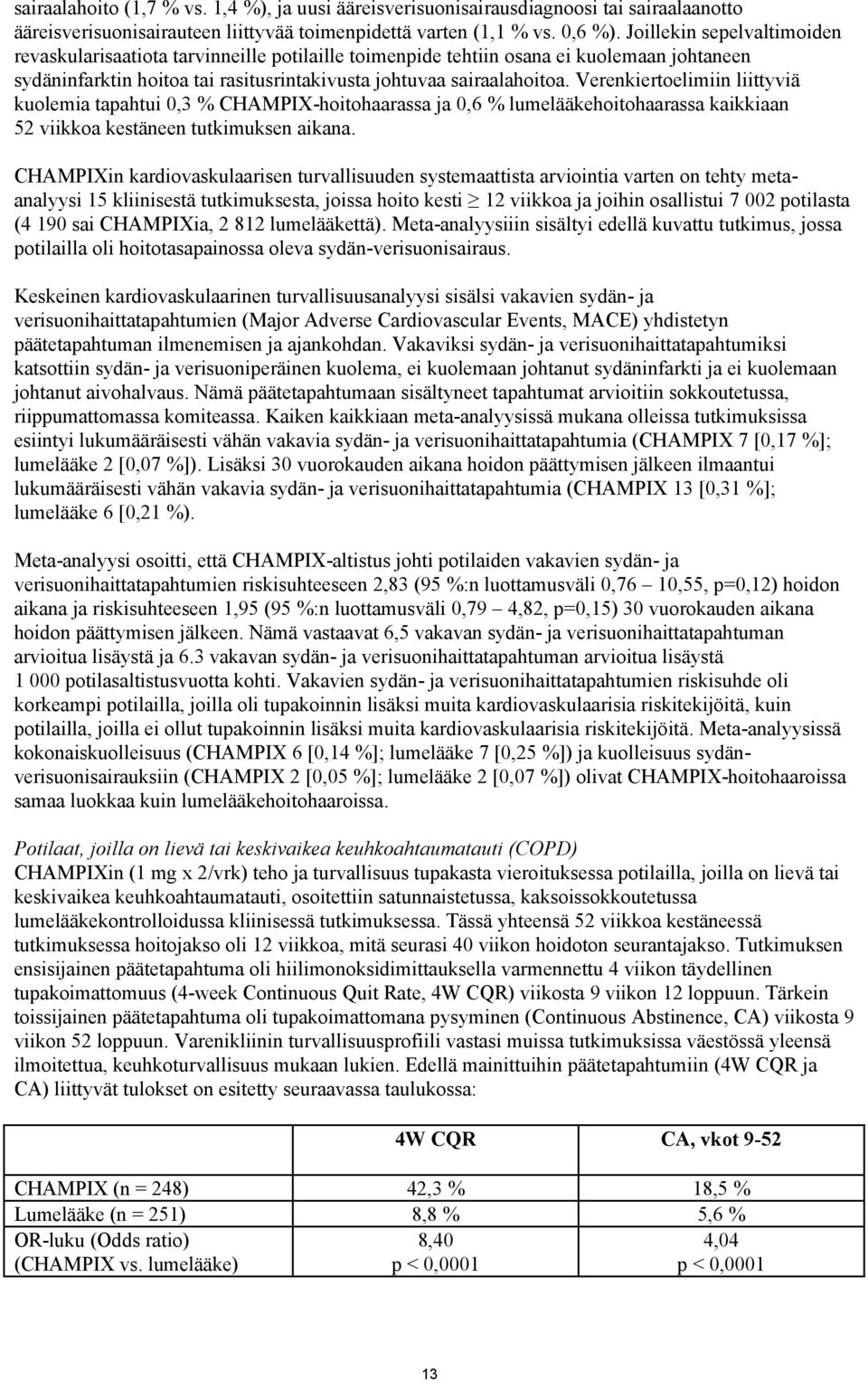 Verenkiertoelimiin liittyviä kuolemia tapahtui 0,3 % CHAMPIX-hoitohaarassa ja 0,6 % lumelääkehoitohaarassa kaikkiaan 52 viikkoa kestäneen tutkimuksen aikana.