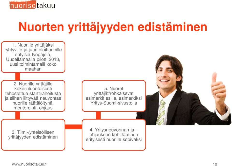 Nuorille yrittäjille kokeiluluontoisesti tehostettua starttirahoitusta ja siihen liittyvää neuvontaa nuorille räätälöitynä, mentorointi,