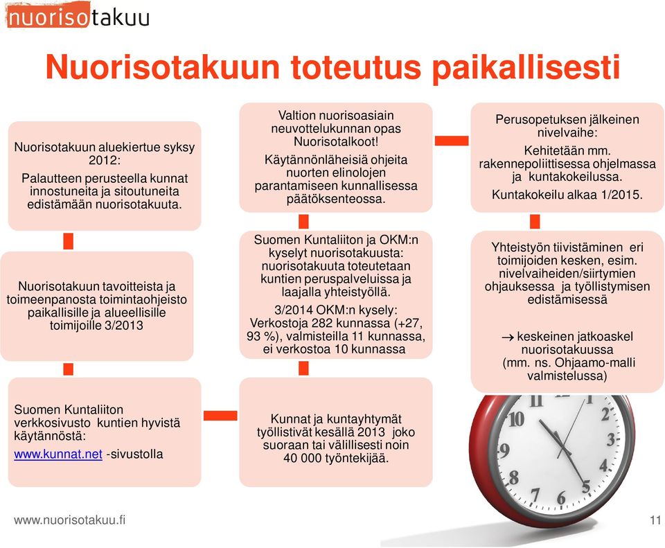 Perusopetuksen jälkeinen nivelvaihe: Kehitetään mm. rakennepoliittisessa ohjelmassa ja kuntakokeilussa. Kuntakokeilu alkaa 1/2015.