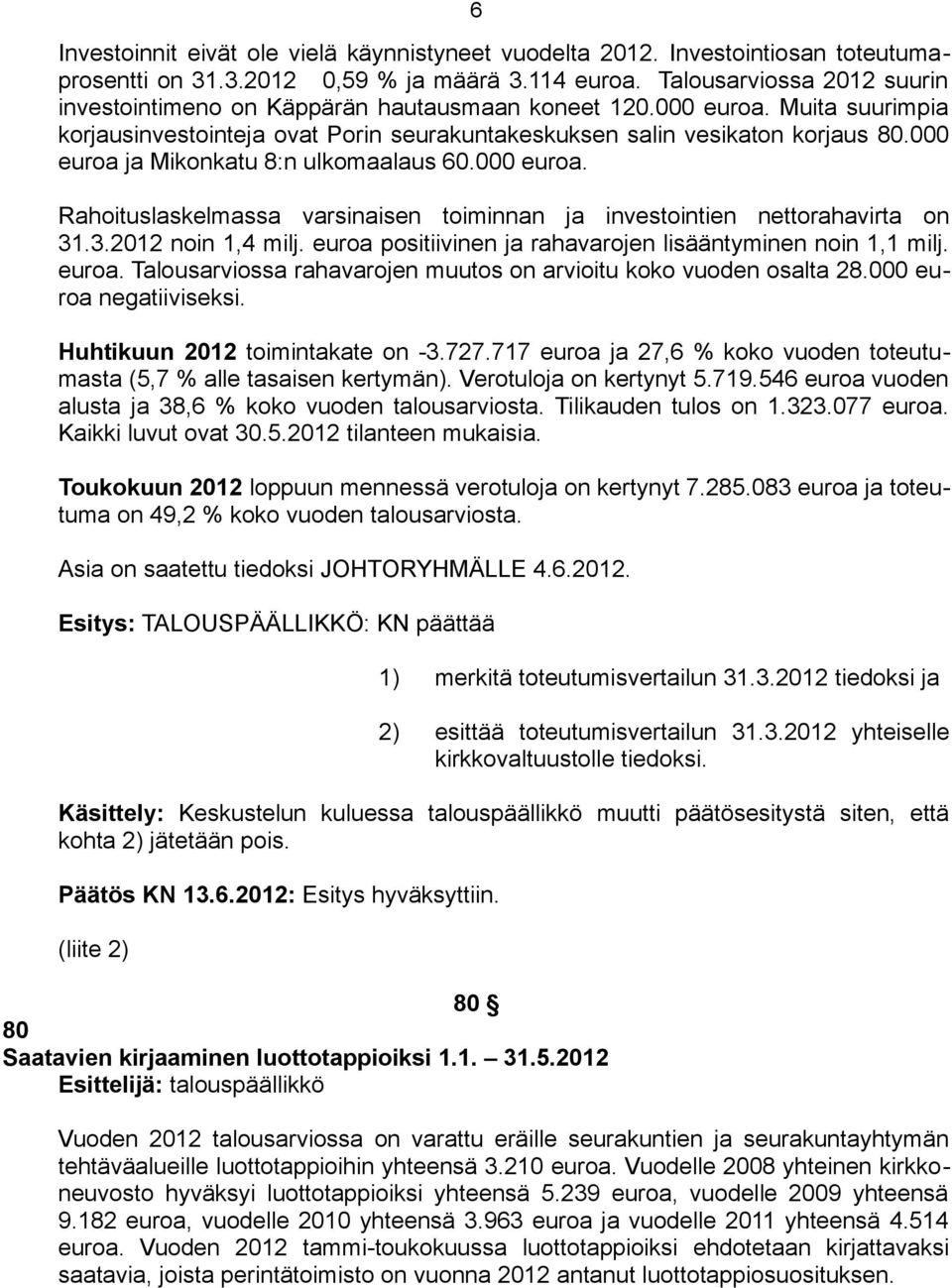 000 euroa ja Mikonkatu 8:n ulkomaalaus 60.000 euroa. Rahoituslaskelmassa varsinaisen toiminnan ja investointien nettorahavirta on 31.3.2012 noin 1,4 milj.