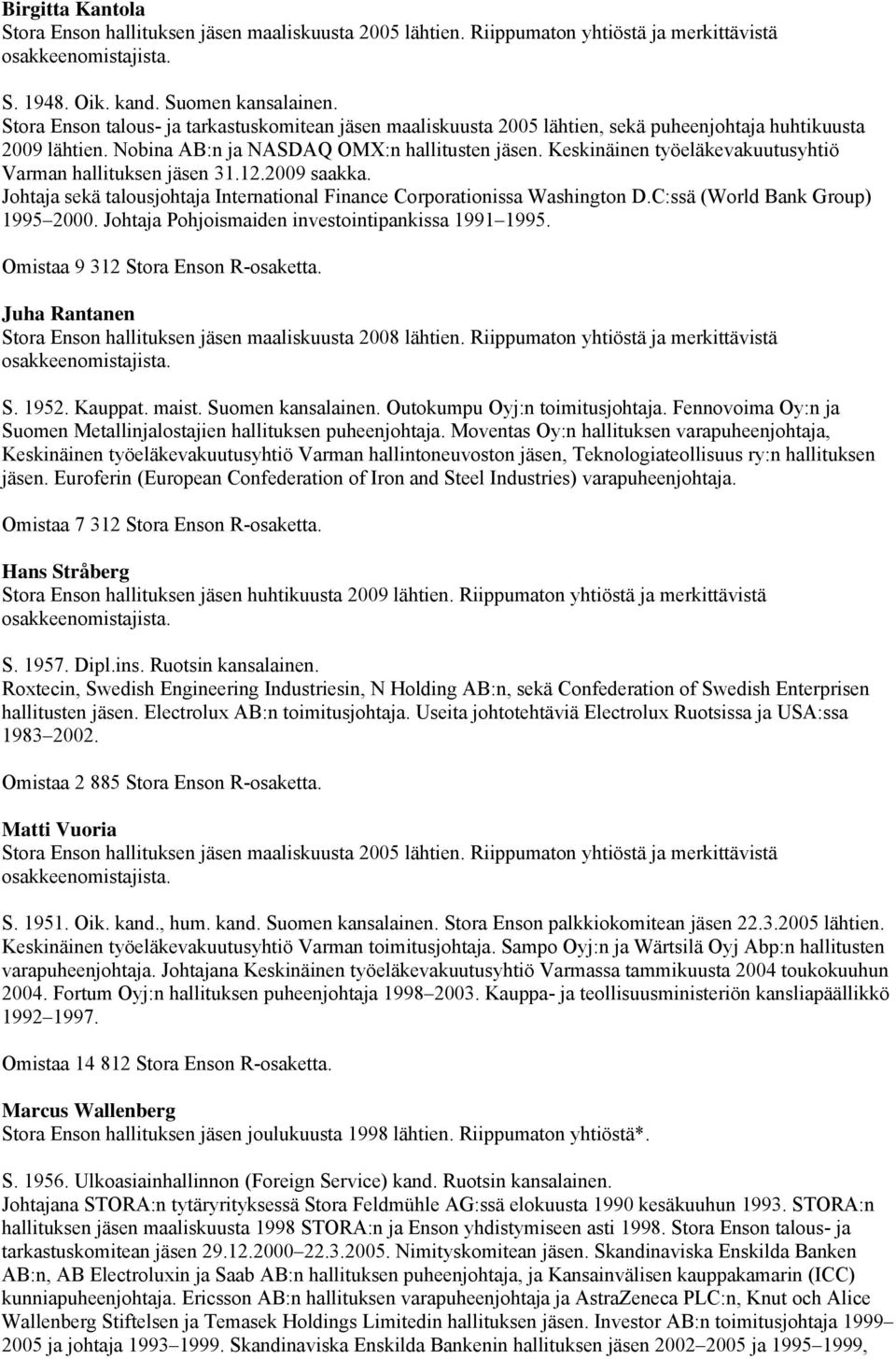 Keskinäinen työeläkevakuutusyhtiö Varman hallituksen jäsen 31.12.2009 saakka. Johtaja sekä talousjohtaja International Finance Corporationissa Washington D.C:ssä (World Bank Group) 1995 2000.