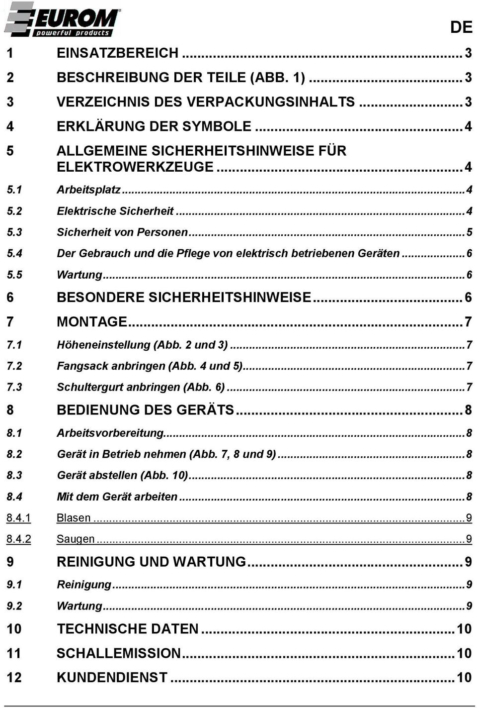 .. 6 7 MONTAGE... 7 7.1 Höheneinstellung (Abb. 2 und 3)... 7 7.2 Fangsack anbringen (Abb. 4 und 5)... 7 7.3 Schultergurt anbringen (Abb. 6)... 7 8 BEDIENUNG DES GERÄTS... 8 8.1 Arbeitsvorbereitung.