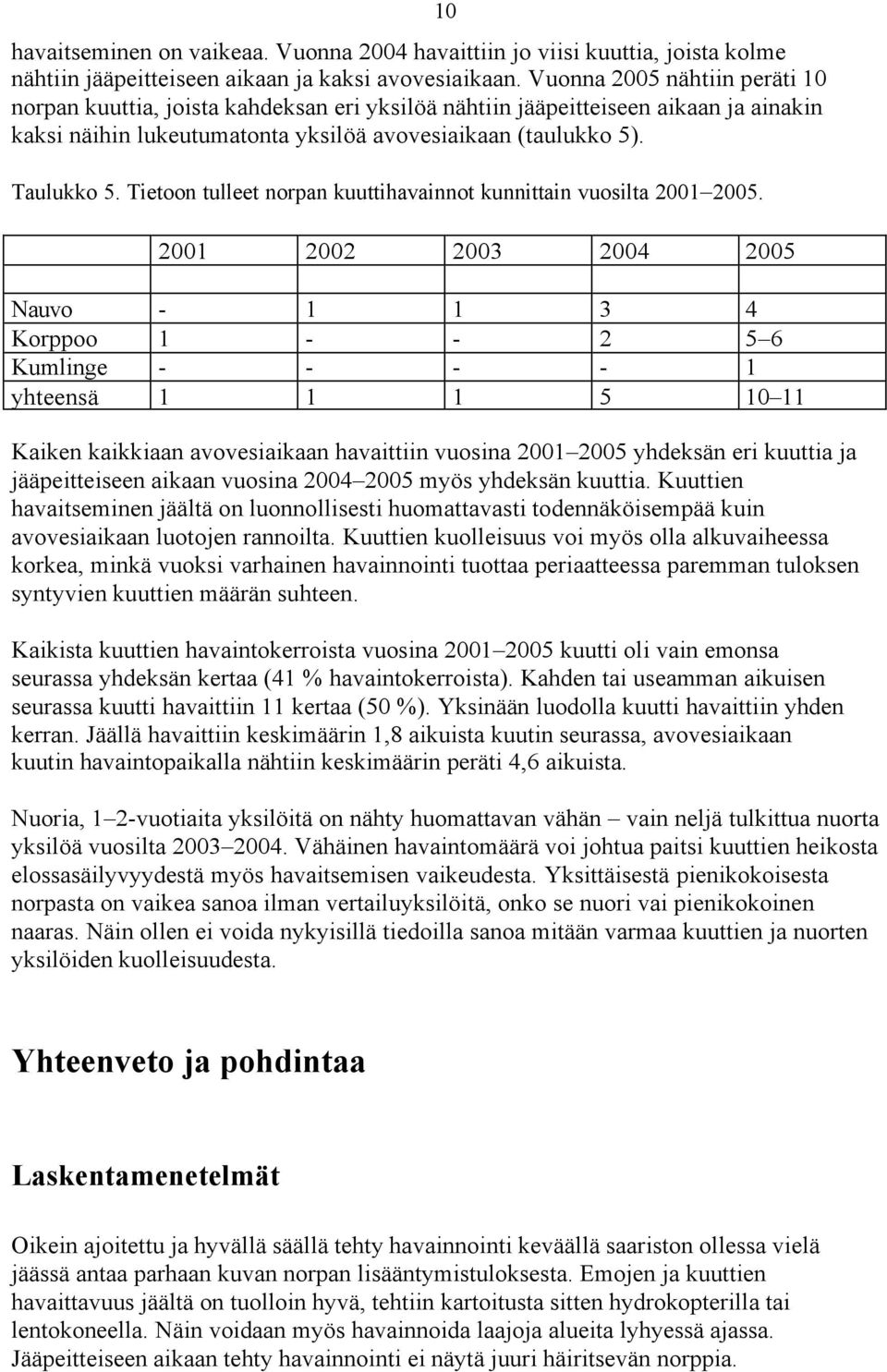 Tietoon tulleet norpan kuuttihavainnot kunnittain vuosilta 2001 2005.