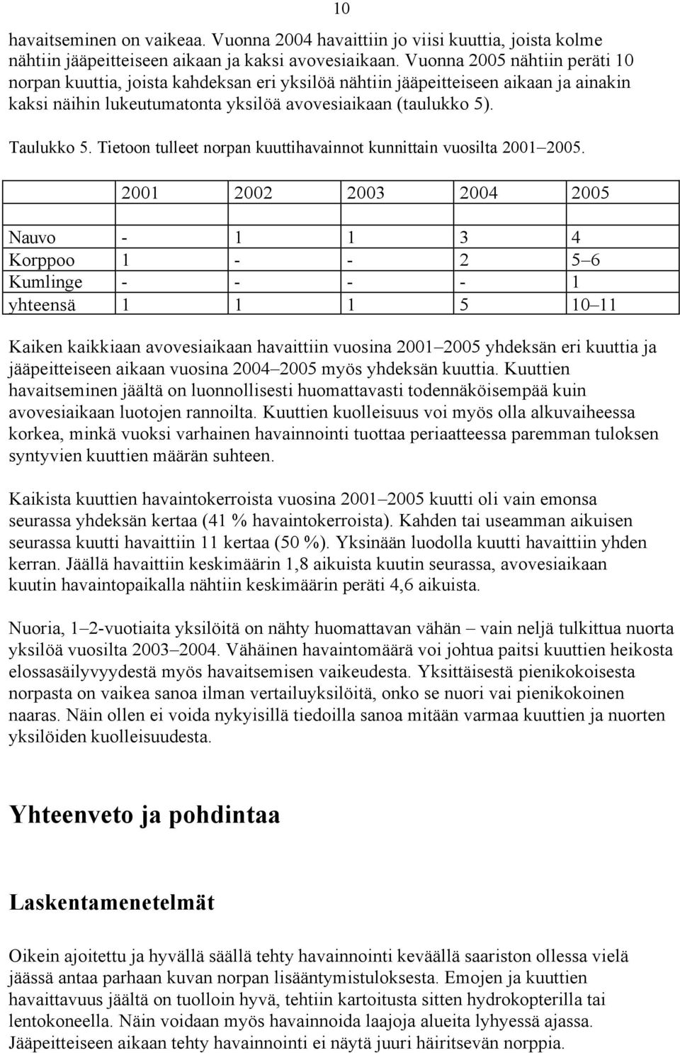 Tietoon tulleet norpan kuuttihavainnot kunnittain vuosilta 2001 2005.