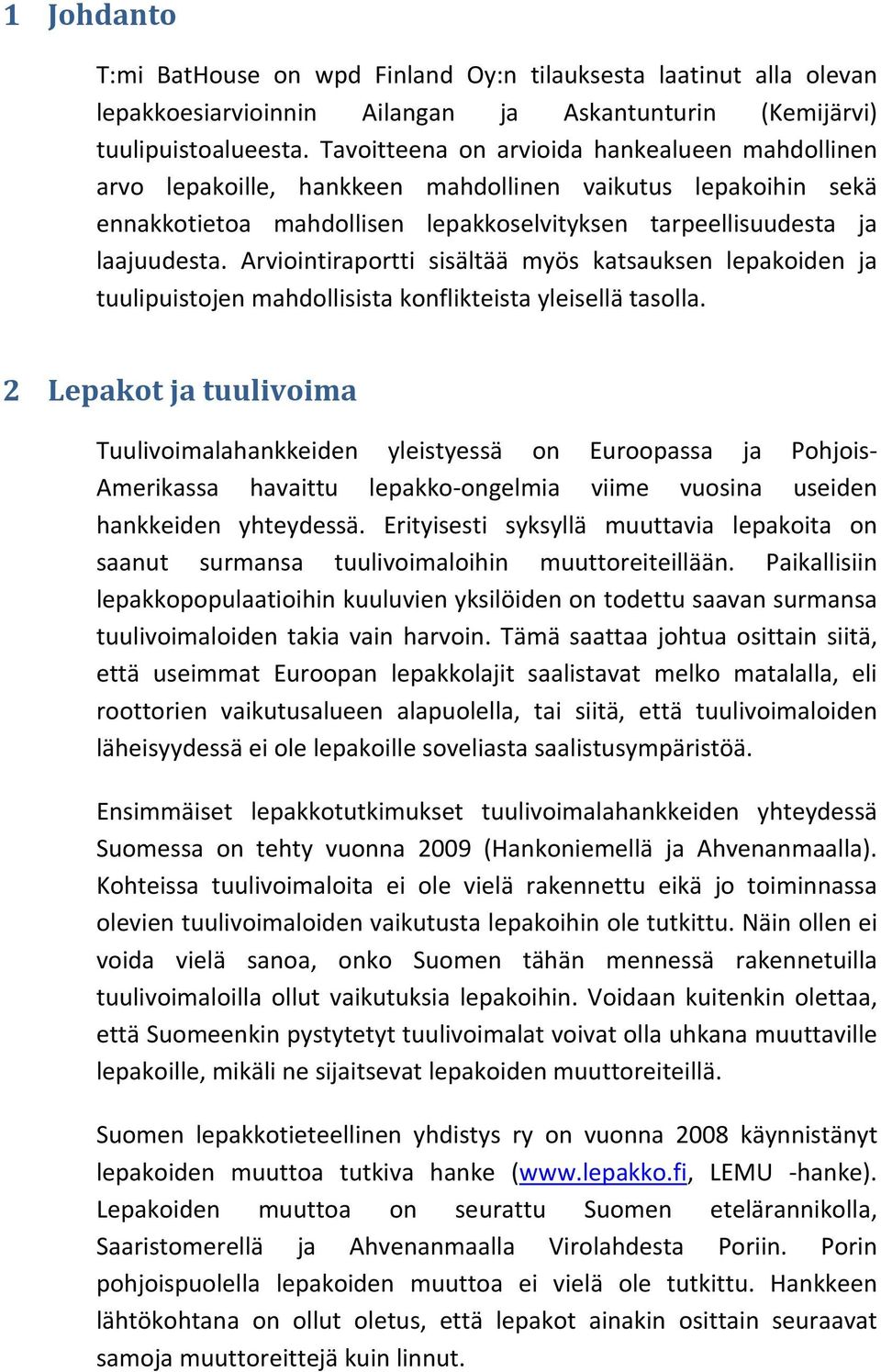 Arviointiraportti sisältää myös katsauksen lepakoiden ja tuulipuistojen mahdollisista konflikteista yleisellä tasolla.