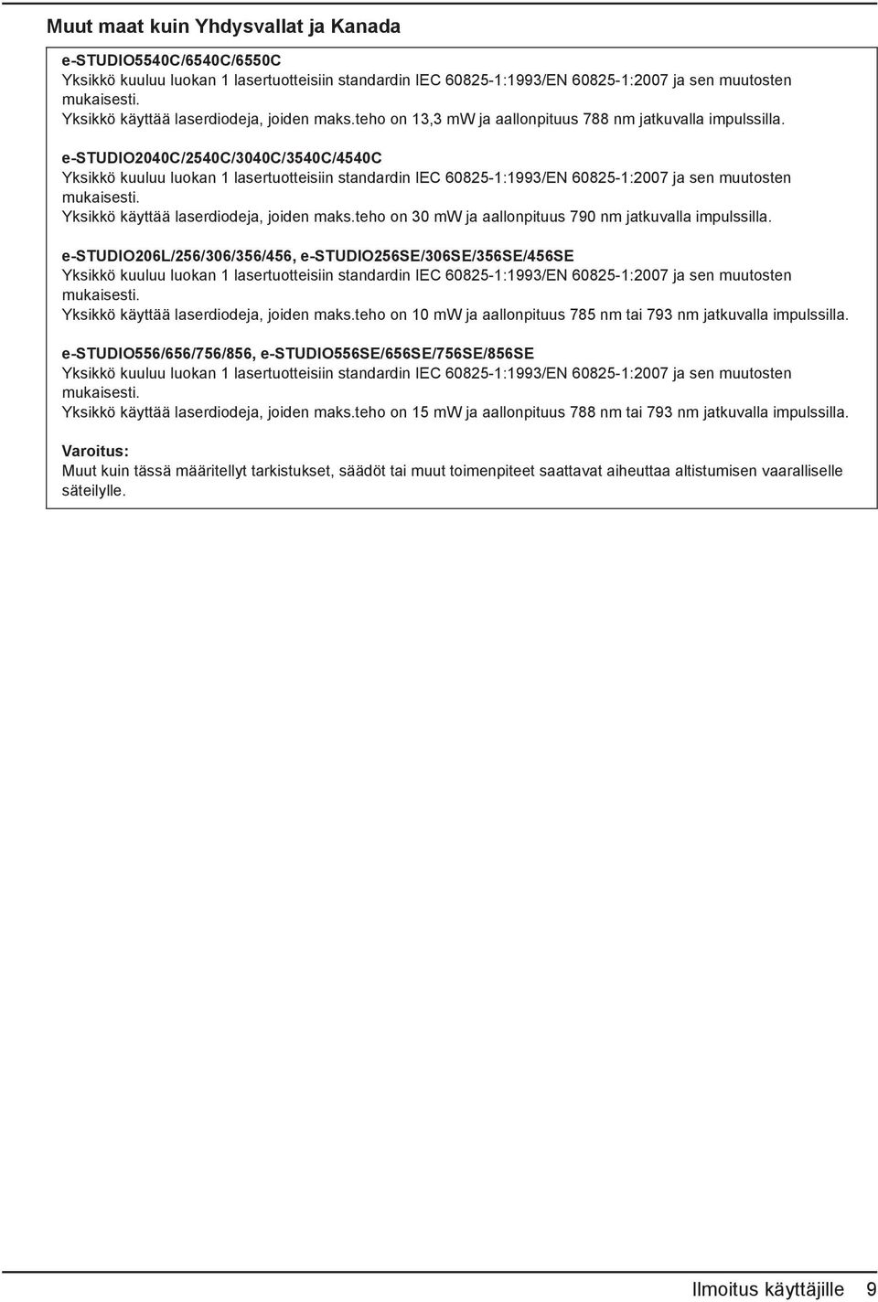 e-studio2040c/2540c/3040c/3540c/4540c Yksikkö kuuluu luokan 1 lasertuotteisiin standardin IEC 60825-1:1993/EN 60825-1:2007 ja sen muutosten mukaisesti. Yksikkö käyttää laserdiodeja, joiden maks.