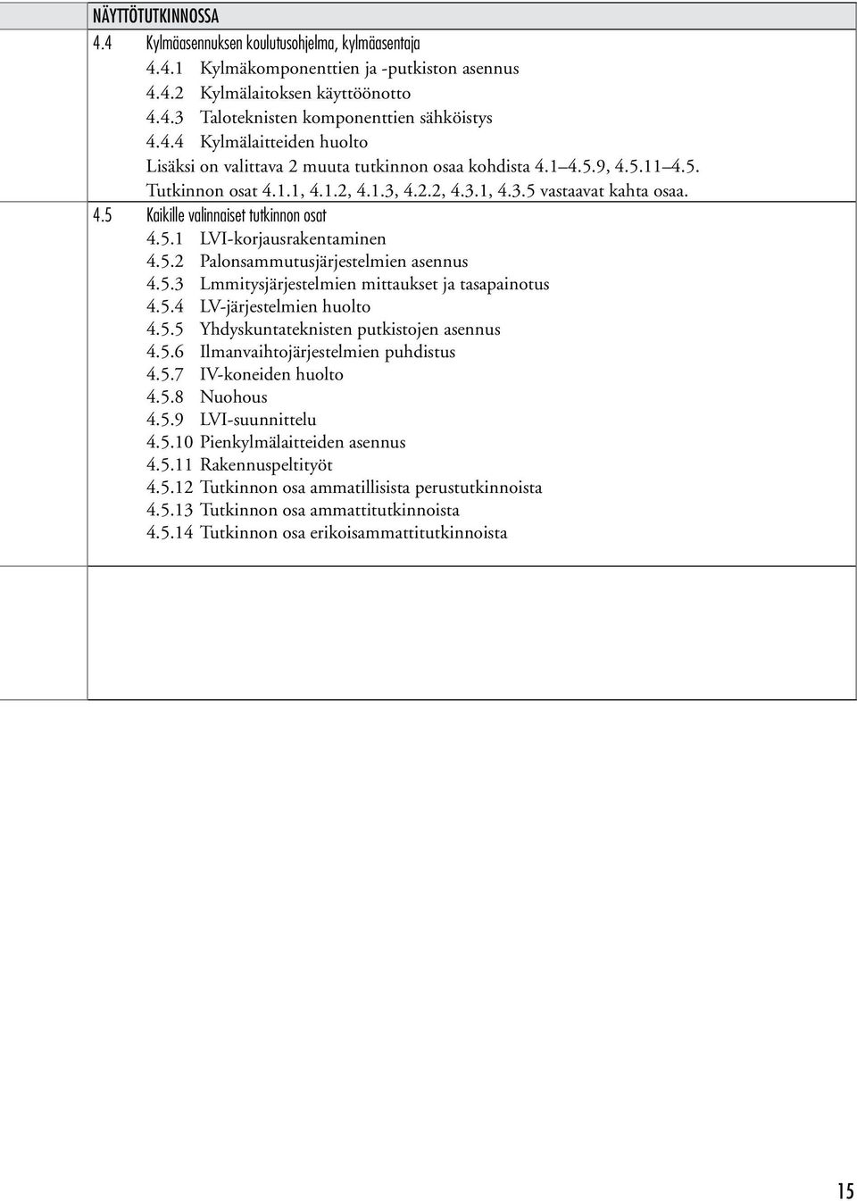 5.3 Lmmitysjärjestelmien mittaukset ja tasapainotus 4.5.4 LV-järjestelmien huolto 4.5.5 Yhdyskuntateknisten putkistojen asennus 4.5.6 Ilmanvaihtojärjestelmien puhdistus 4.5.7 IV-koneiden huolto 4.5.8 Nuohous 4.