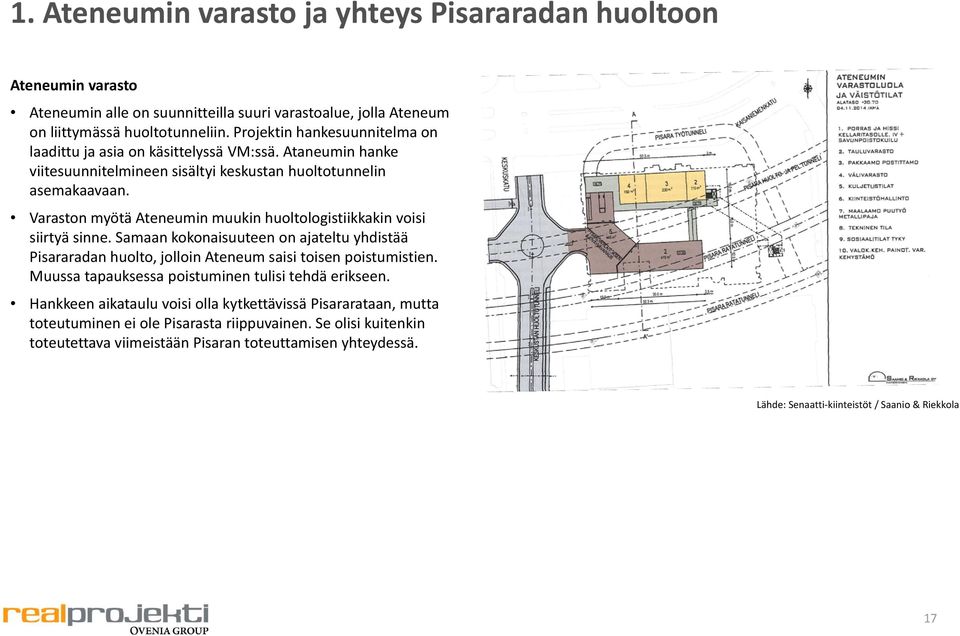 Varaston myötä Ateneumin muukin huoltologistiikkakin voisi siirtyä sinne. Samaan kokonaisuuteen on ajateltu yhdistää Pisararadan huolto, jolloin Ateneum saisi toisen poistumistien.