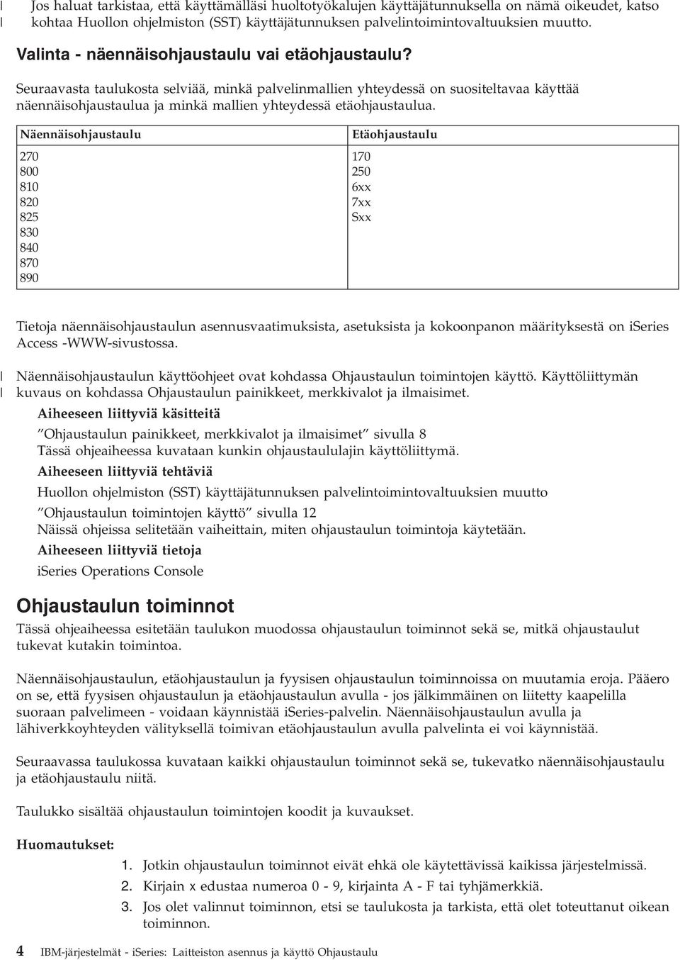 Seuraavasta taulukosta selviää, minkä palvelinmallien yhteydessä on suositeltavaa käyttää näennäisohjaustaulua ja minkä mallien yhteydessä etäohjaustaulua.