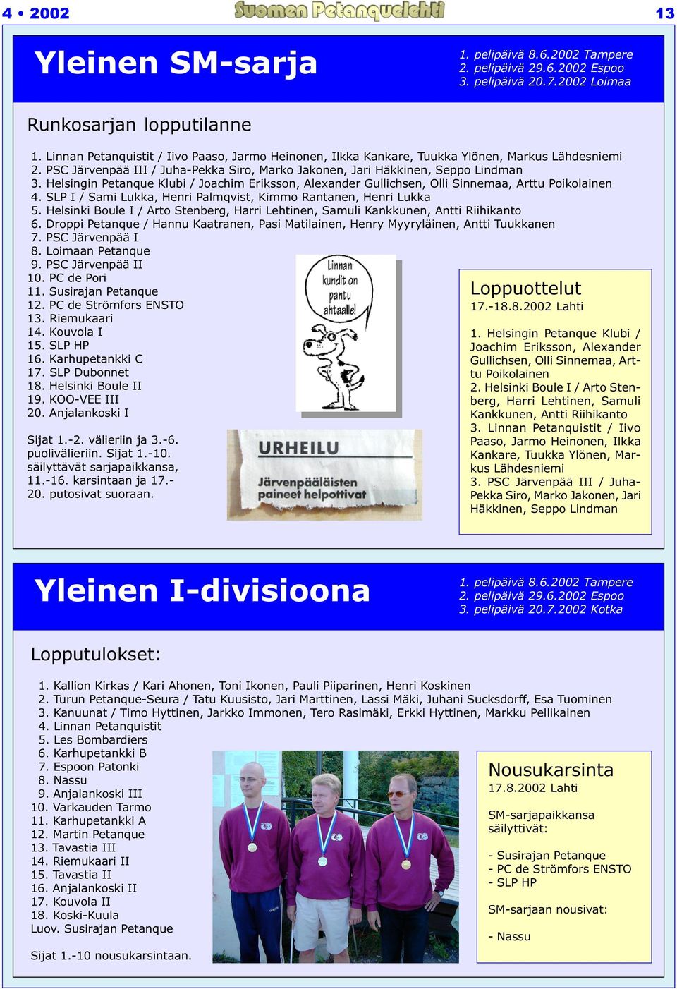 Helsingin Petanque Klubi / Joachim Eriksson, Alexander Gullichsen, Olli Sinnemaa, Arttu Poikolainen 4. SLP I / Sami Lukka, Henri Palmqvist, Kimmo Rantanen, Henri Lukka 5.