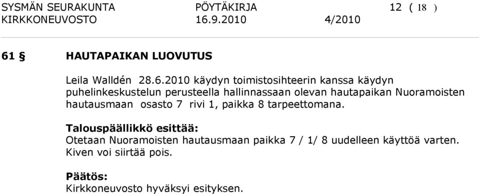 2010 käydyn toimistosihteerin kanssa käydyn puhelinkeskustelun perusteella hallinnassaan