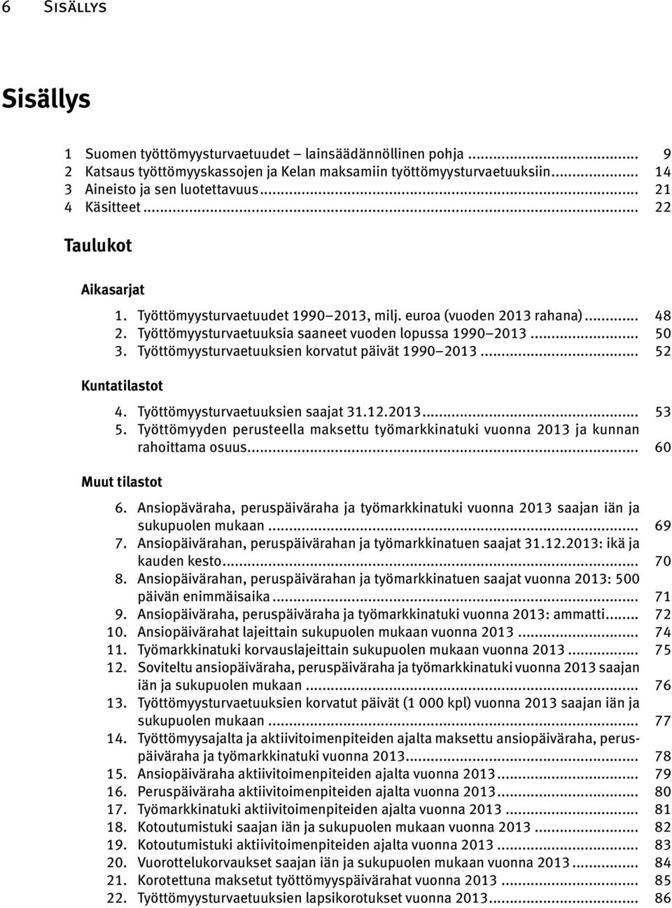 Työttömyysturvaetuuksien korvatut päivät 1990 2013... 52 Kuntatilastot 4. Työttömyysturvaetuuksien saajat 31.12.2013... 53 5.