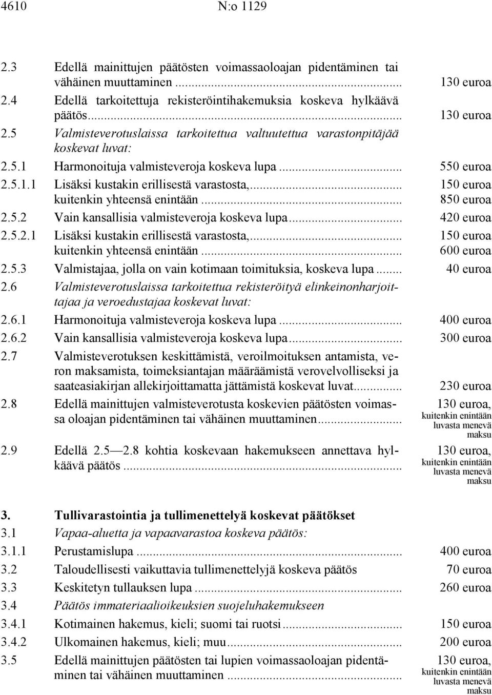 .. 420 euroa 2.5.2.1 Lisäksi kustakin erillisestä varastosta,... kuitenkin yhteensä enintään... 150 euroa 600 euroa 2.5.3 Valmistajaa, jolla on vain kotimaan toimituksia, koskeva lupa... 40 euroa 2.