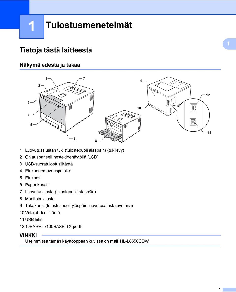 Etukansi 6 Paperikasetti 7 Luovutusalusta (tulostepuoli alaspäin) 8 Monitoimialusta 9 Takakansi (tulostuspuoli ylöspäin luovutusalusta