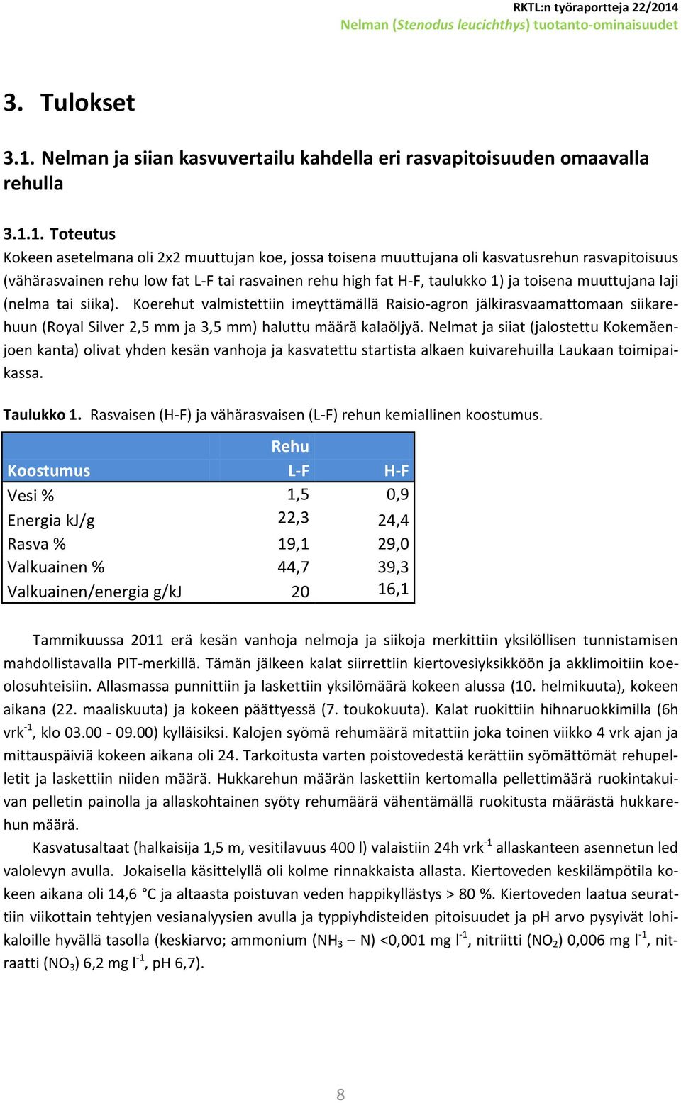 1. Toteutus Kokeen asetelmana oli 2x2 muuttujan koe, jossa toisena muuttujana oli kasvatusrehun rasvapitoisuus (vähärasvainen rehu low fat L-F tai rasvainen rehu high fat H-F, taulukko 1) ja toisena