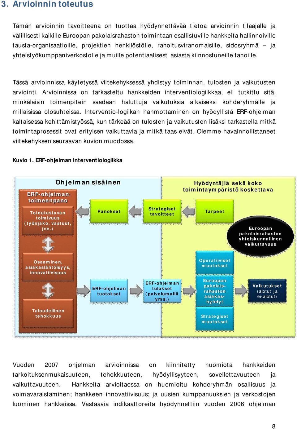 Tässä arvioinnissa käytetyssä viitekehyksessä yhdistyy toiminnan, tulosten ja vaikutusten arviointi.