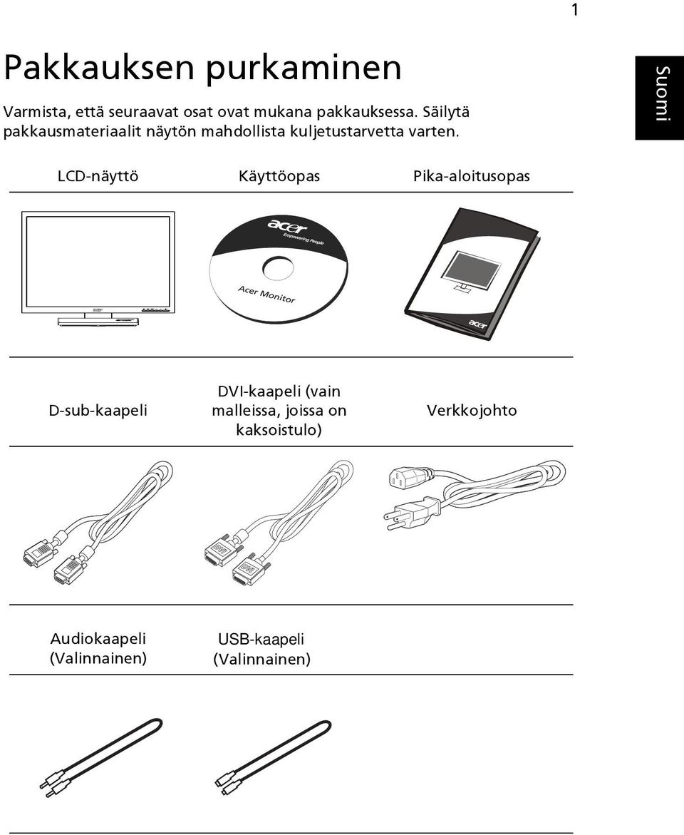 LCD-näyttö Käyttöopas Pika-aloitusopas D-sub-kaapeli DVI-kaapeli (vain