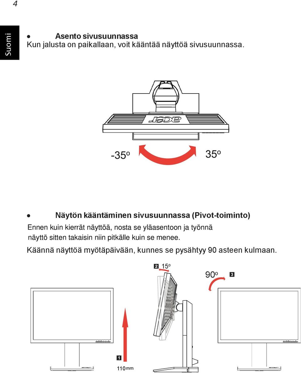 Näytön kääntäminen sivusuunnassa (Pivot-toiminto) Ennen kuin kierrät näyttöä,